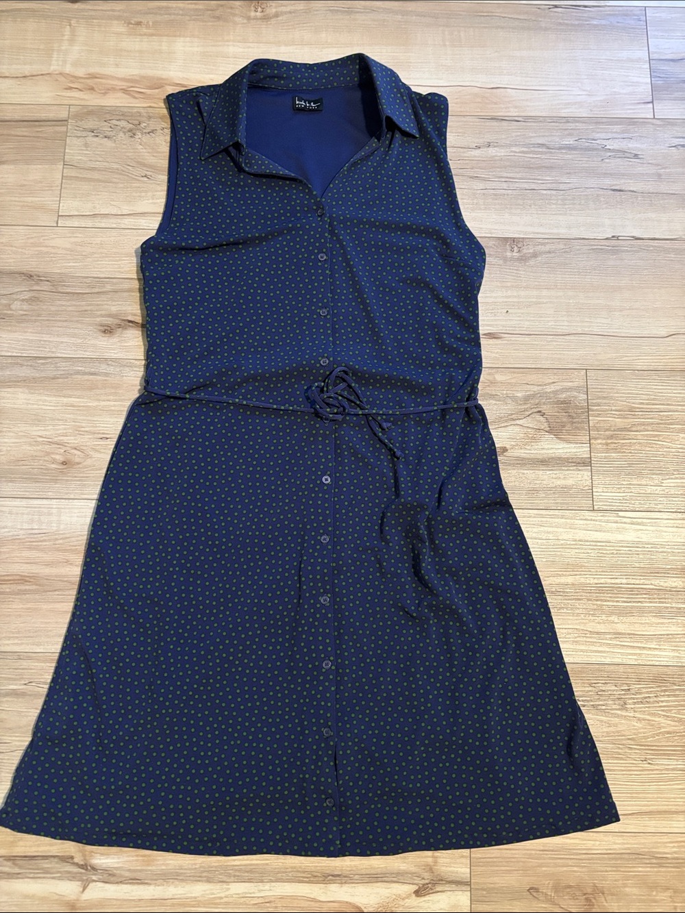 Nicole Miller Navy Sleeveless Shirt Dress with Green Dot Print